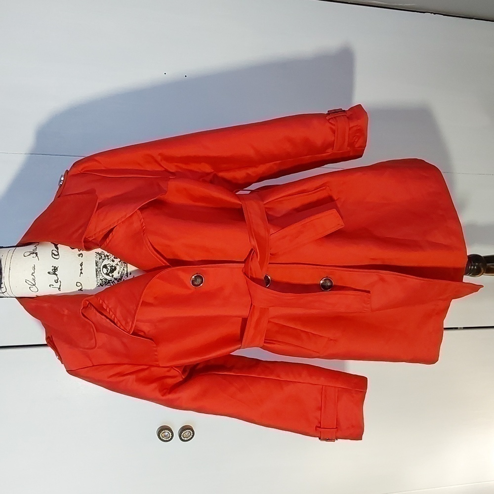 Harve Benard| Womens Trench Coat Red/Orange Quilted Belted Modern Chic Sz.Large